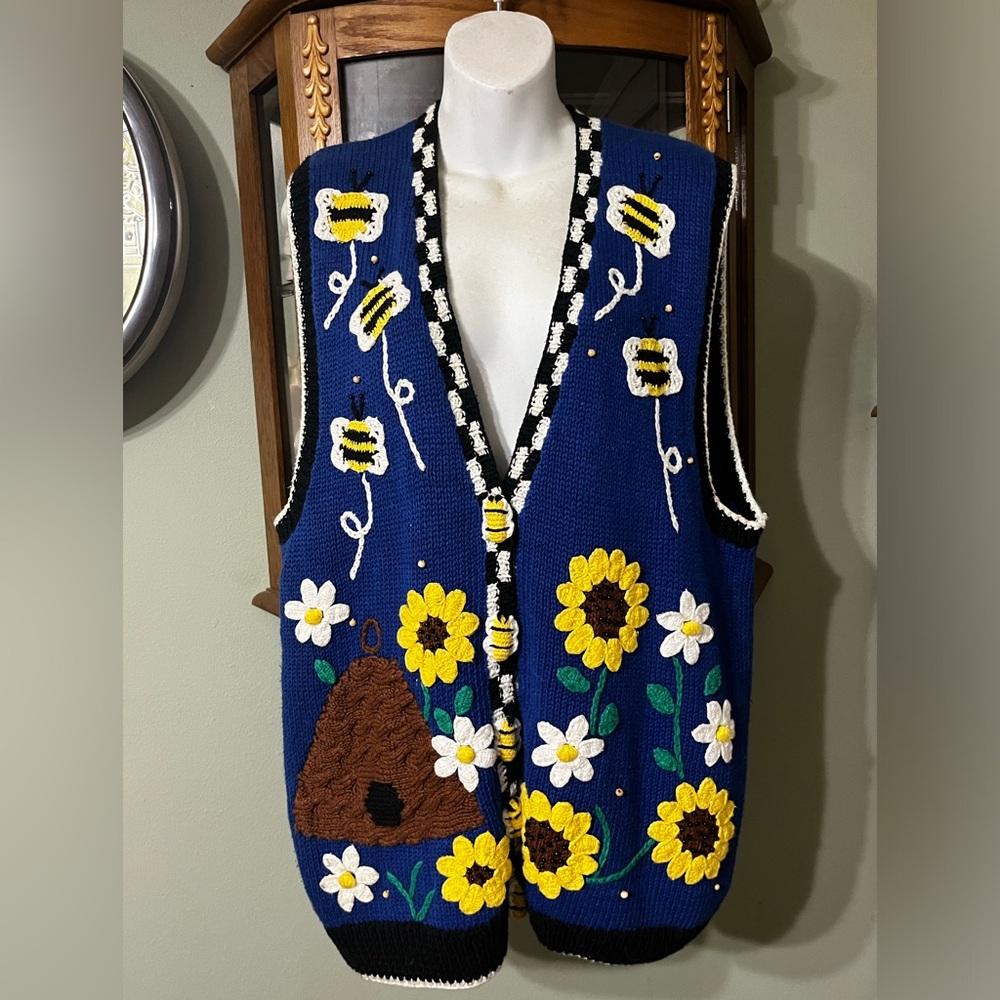 VTG Belle Pointe Blue Bee Hive Bumble Bee Springtime Sweater Cardigan Large